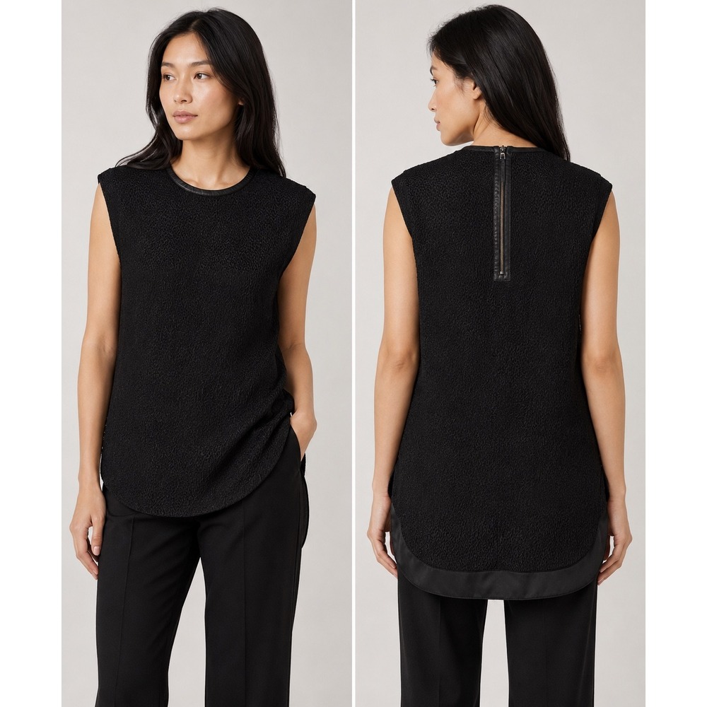 Helmut Lang Black Silk Textured Sleeveless Top Leather Trim Zip Back S E09HW522